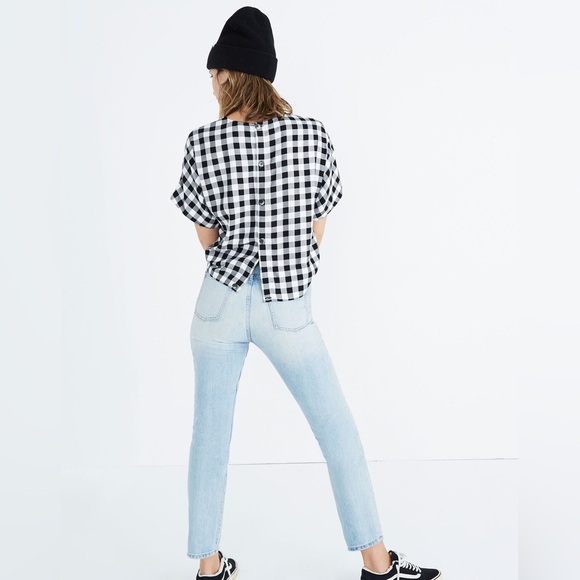 Madewell Button-Back Tie Tee in Buffalo Check in True Black - Size S - Picture 2 of 4